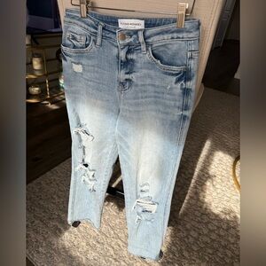 FLYING MONKEY HIGH RISE CROPPED STRAIGHT DISTRESSED COTTON BLEND JEANS, 26